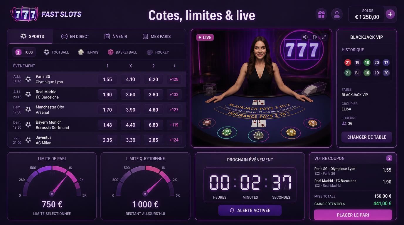 Table de casino en direct et cotes sportives visibles